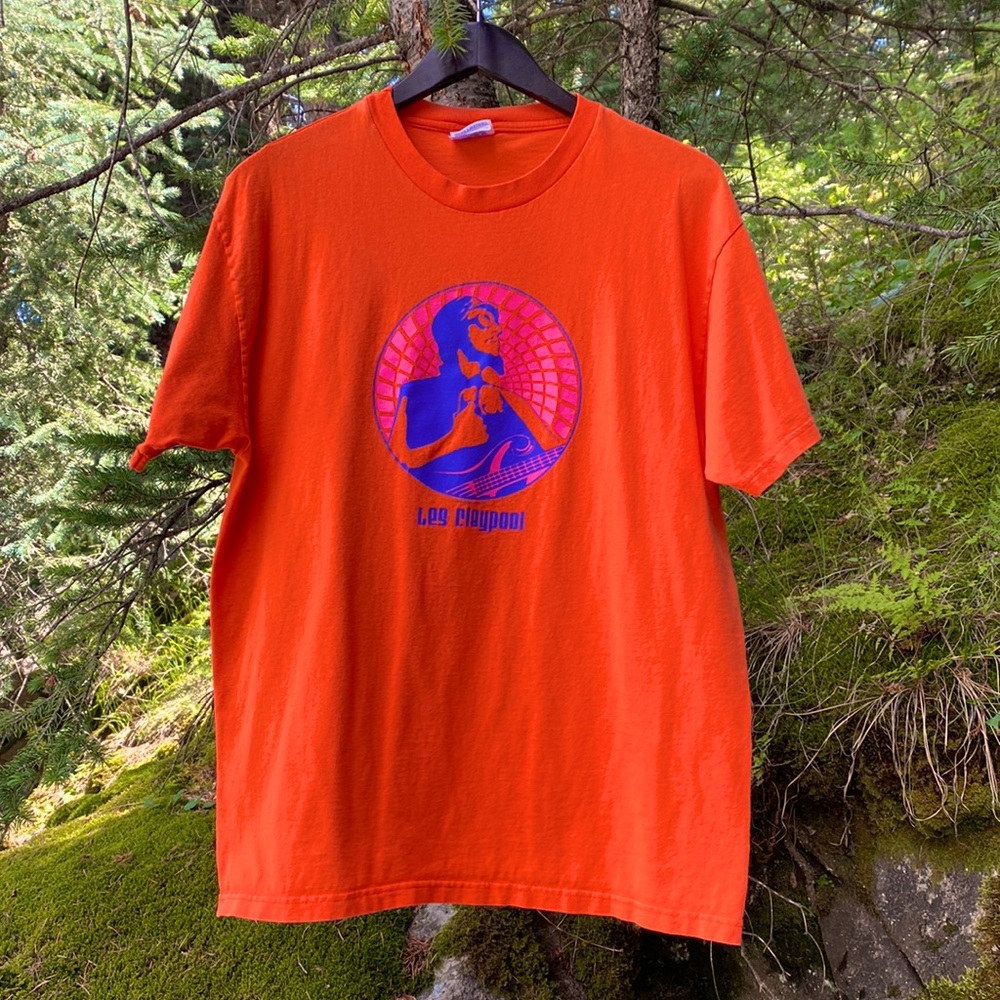 Les Claypool classic tee. Orange with blue and pink icon